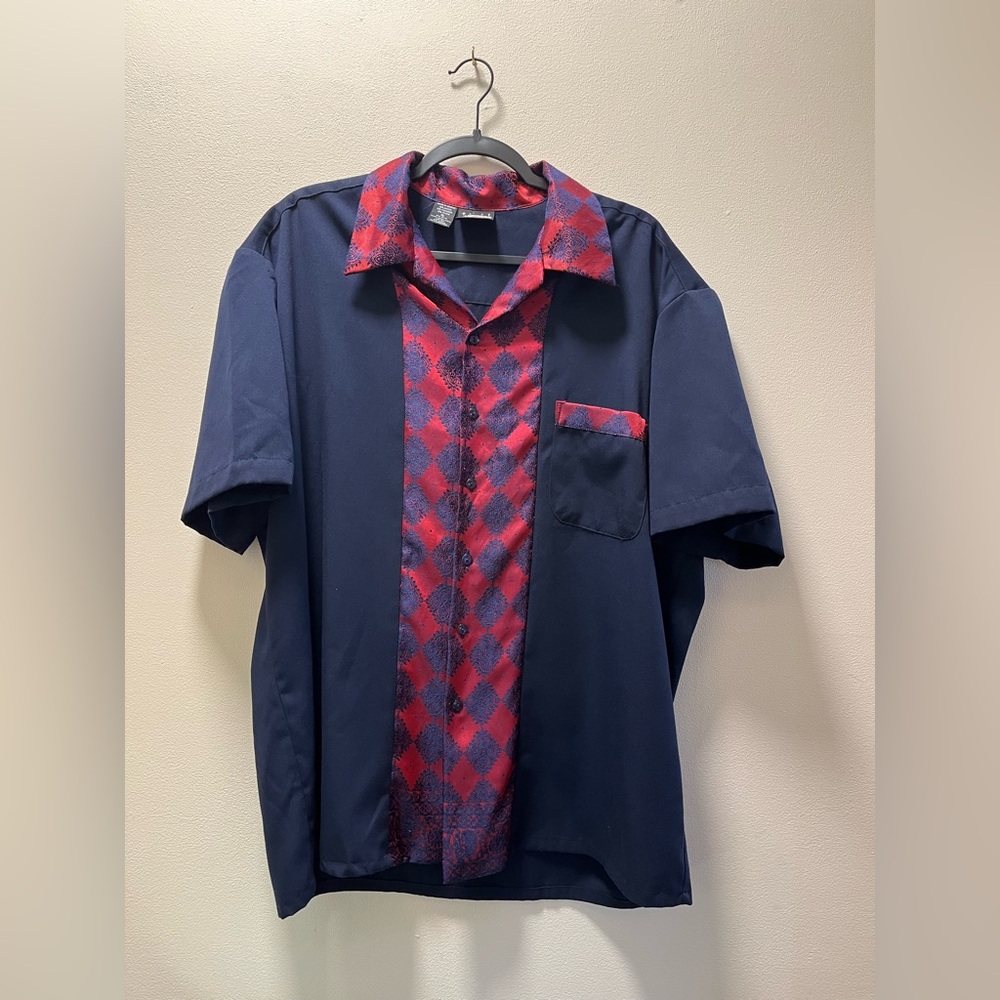Kennington LTD Grandpa Campy Button Up Short Sleeve, Sz XL, Navy with Red Trim